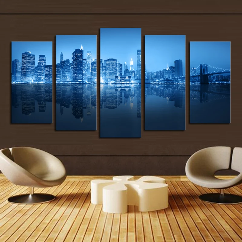 Без рамки 5 панелей синий город картина HD холст печать художественная работа