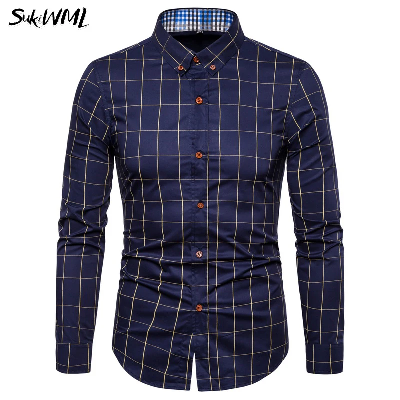 SUKIWML мужская клетчатая рубашка 2019 100% хлопчатобумажная сорочка Homme с длинными