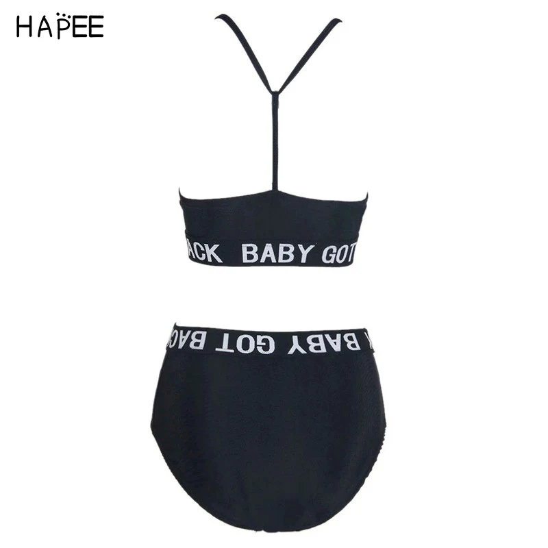 Черно-белой печати Белый Письмо Комплект Бикини 2017 Высокая Талия Женщины Холтер