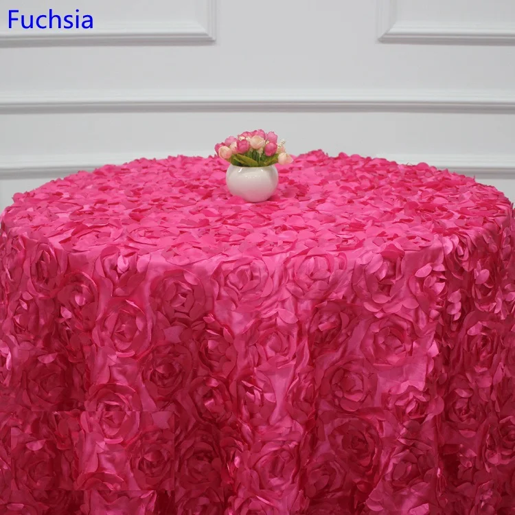 FUCHSIA Роскошный стол льняной Свадебный скатерть вышивка с розами цветок 3D покрытие стола отель банкет вечерние круглый стол украшения - Цвет: FUCHSIA