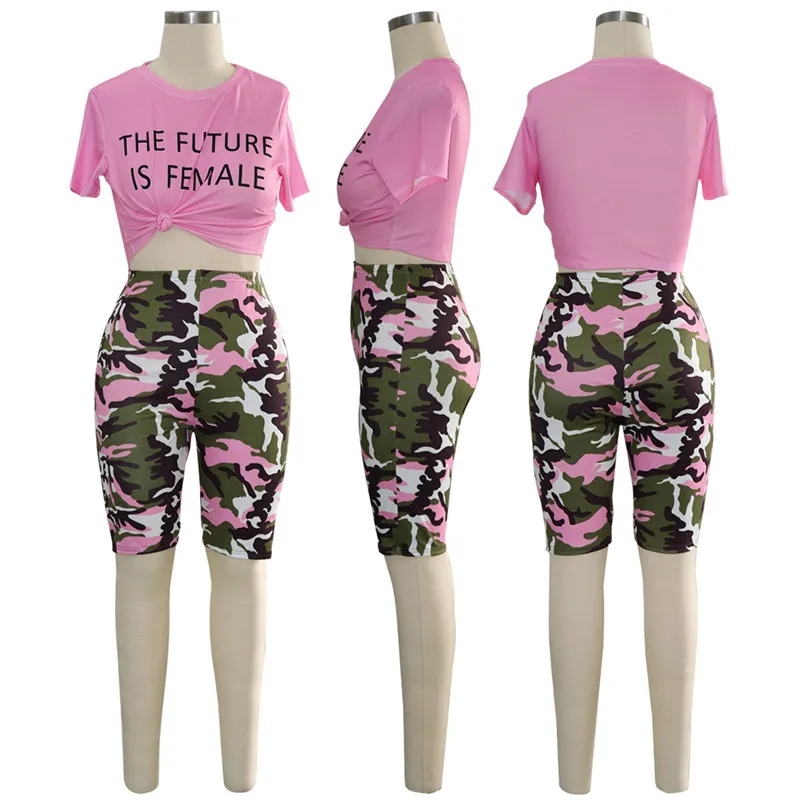 Женский Камуфляжный облегающий комплект из двух предметов с буквенным принтом