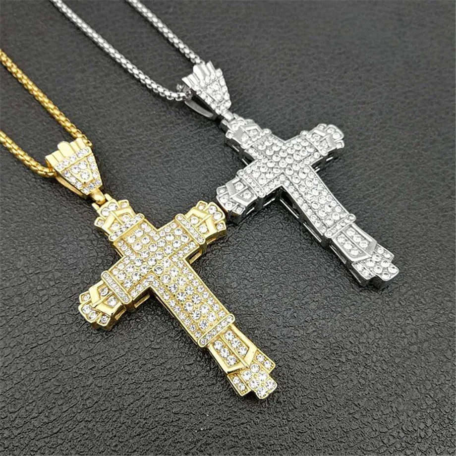 

Hip Hop Gold/Silver Color Big Cross Stainless Steel Chain Hip Hop Rhinestone Cross Bling Iced Out Jewelry Pendant Necklace
