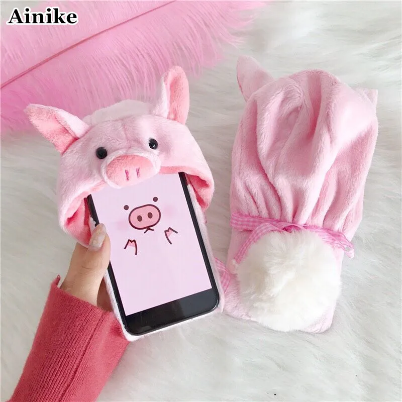 Ainike Cute Warm Fur Ball Pig Dog Hat Phone Case For iPhone X 6 6s Plus 7 7Plus 8 8Plus Animal Ears Soft Furry Plush Back Cover |