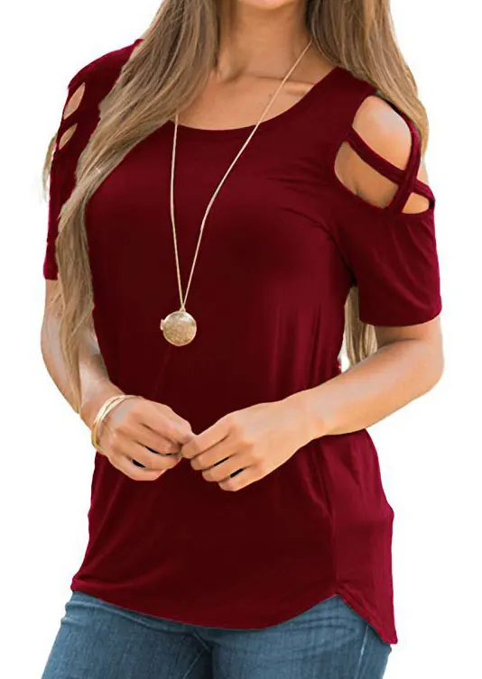 

Women Short Sleeves Shirts Summer Criss-Cross Cold Shoulder Solid Blouses Hollow Out Burgundy O Neck Female Ladies Tops