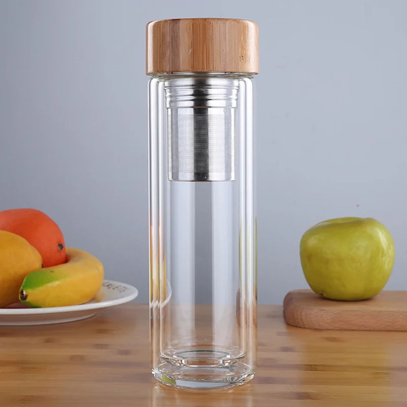 350ml 450ml glass Water bottles for dink tea with infuser bamboo lid Double Wall Bottle water brief Portable outdoor | Дом и сад