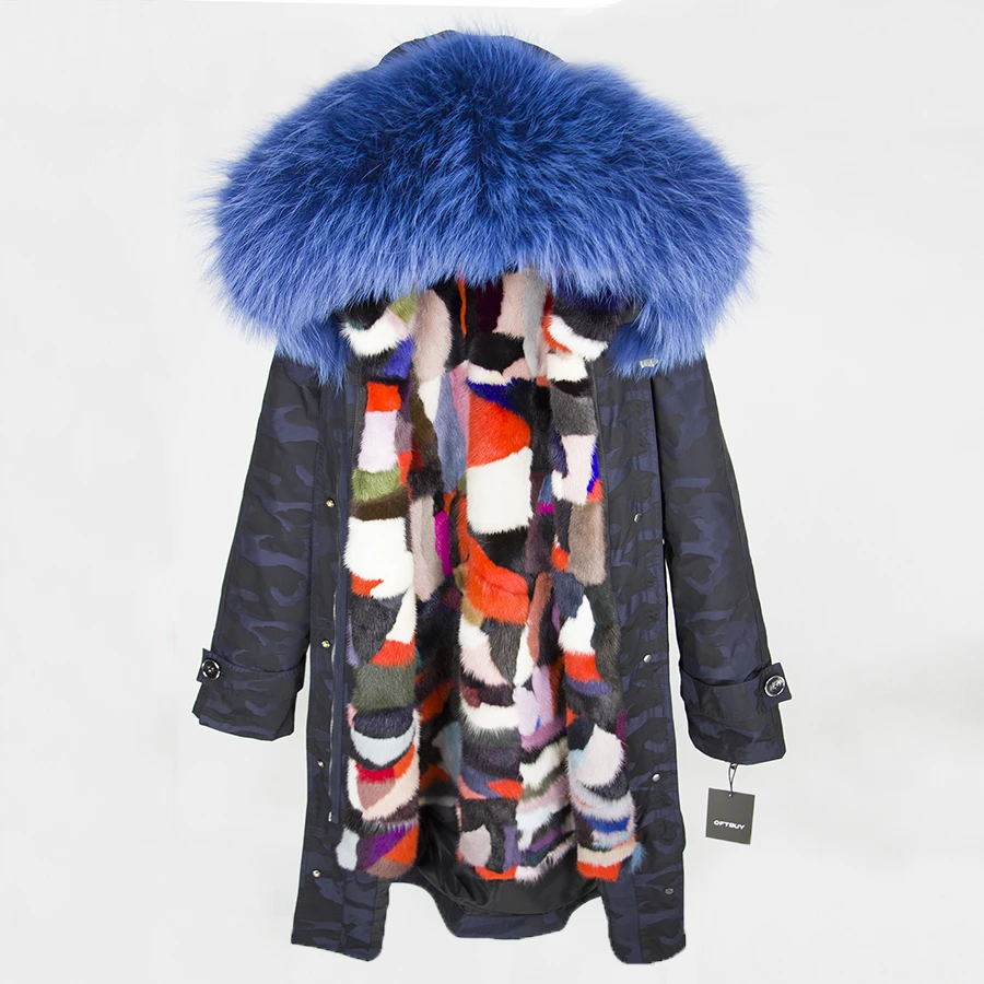 blue Camouflage 14 OFTBUY X-длинная Камуфляжная парка, пальто с натуральным мехом, зимняя женская куртка, большой воротник из натурального меха енота, капюшон, подкладка из натурального меха норки - Цвет: blue Camouflage 14