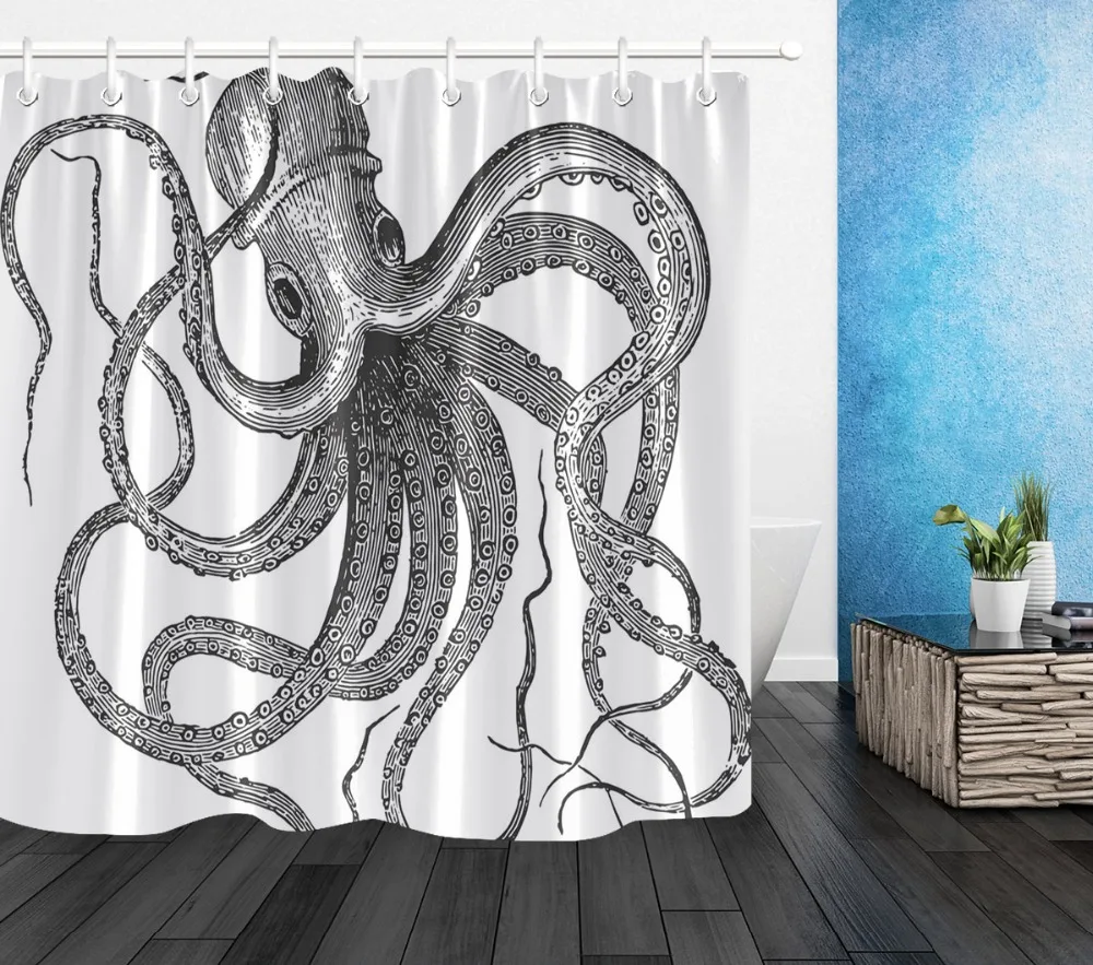 Забавная занавеска для душа LB с рисунком осьминога черно-белая ванной