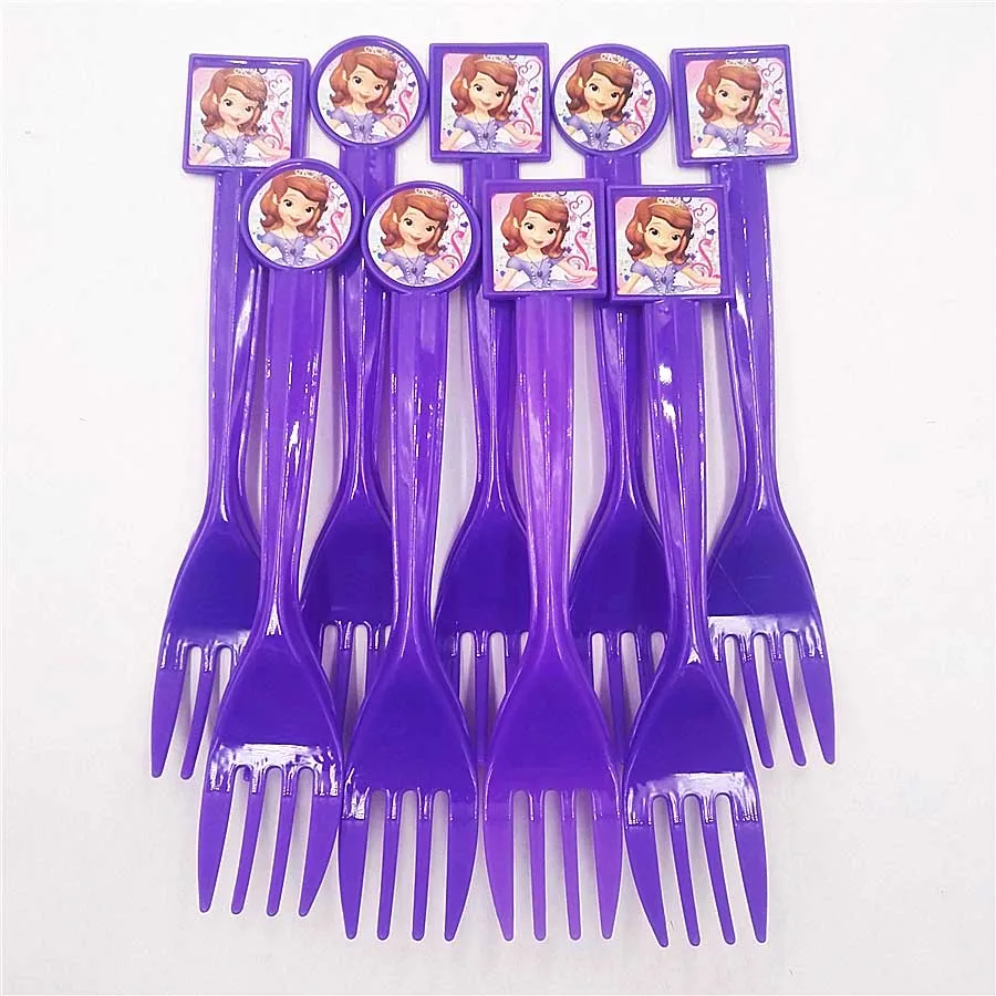 Forks 10pcs Дисней София предметы для вечеринки принцессы салфетки подсвечник тарелки чашки ножи и вилки ложки попкорн украшения на день рождения - Цвет: Forks 10pcs