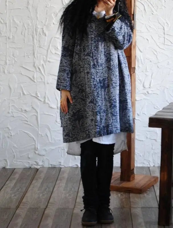 ASYMSAY 2017 Vintage Print Plus Size Women Clothing Autumn Simple Long Sleeve V Neck Slim Shift Cotton Linen Dress | Женская одежда