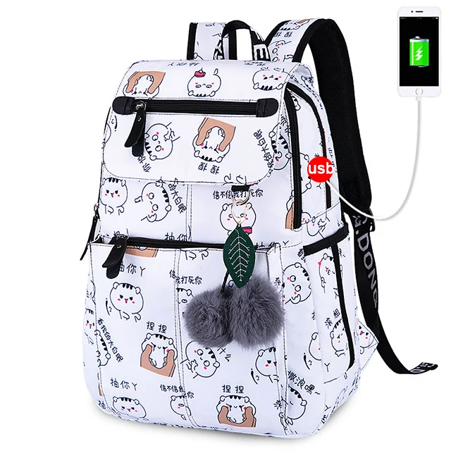 White Cat Женский рюкзак, модные USB школьные сумки для девочек, женские школьные рюкзаки, Большой Вместительный рюкзак, детский школьный рюкзак, водонепроницаемая школьная сумка - Цвет: White Cat