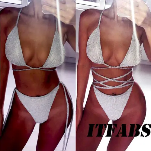 2018 Новый сексуальный женский серебристый комплект бикини бандаж пуш ап мягкий