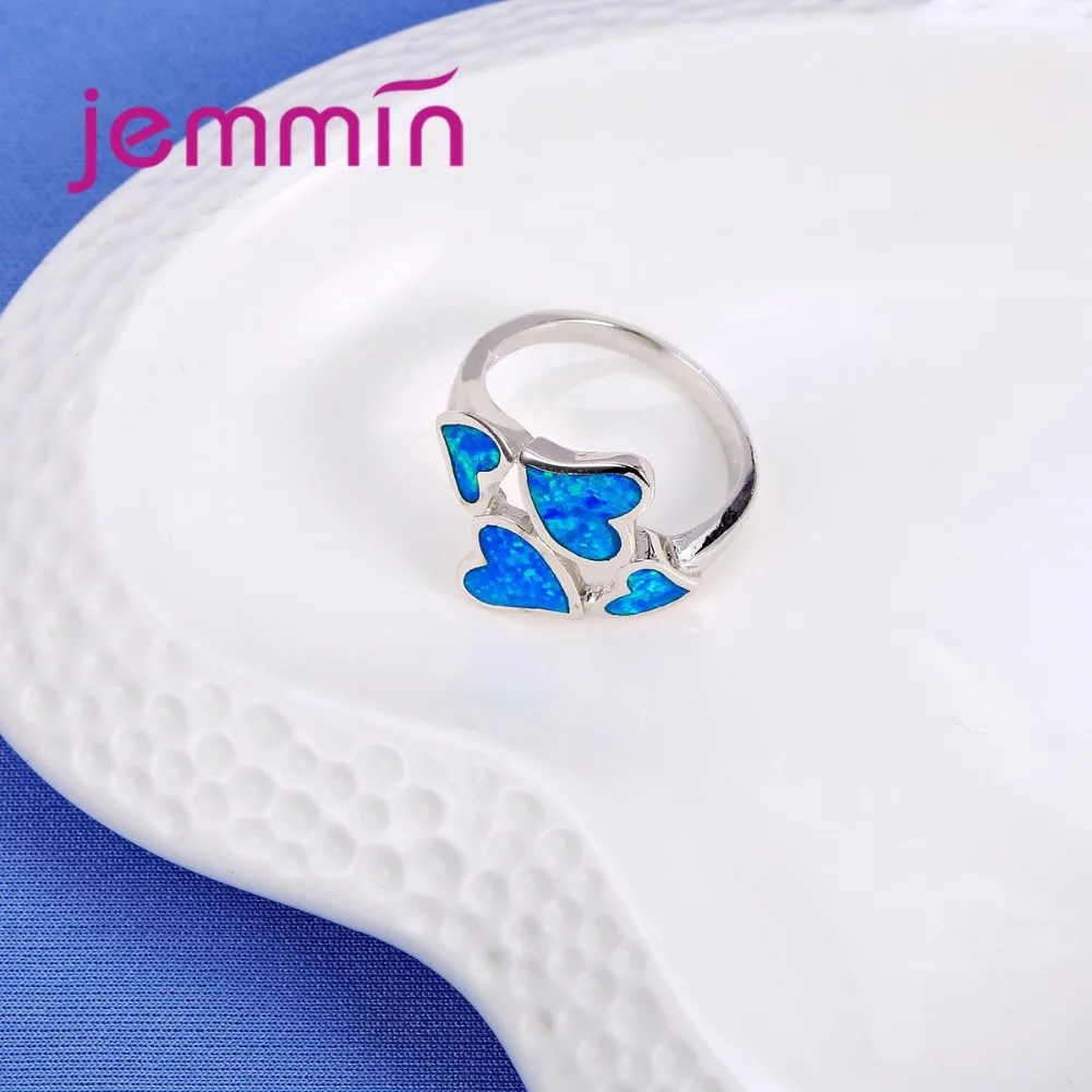 Уникальный дизайн голубой огненный опал Обручение кольцо 4 сердца 925 пробы