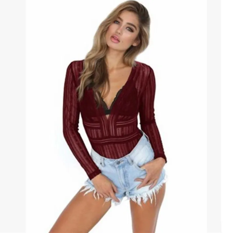 Боди женское сексуальное с треугольным вырезом длинным рукавом черное кружевное