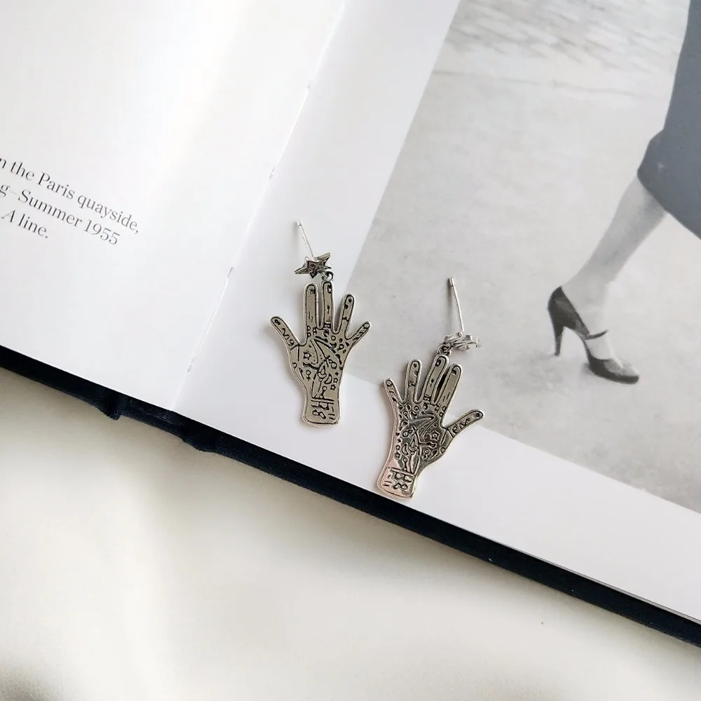Fate palm asymmetric silver earrings 925 sterling fate line do old vintage design wild stud women jewelry | Украшения и