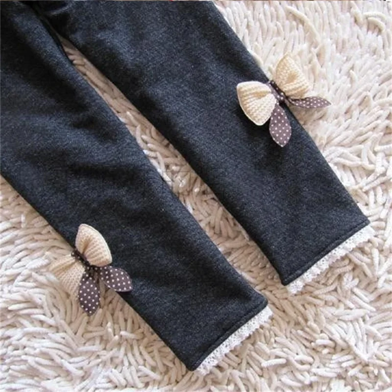 Новые джинсы с бантом для девочек хлопковые детские кашемировые брюки теплые