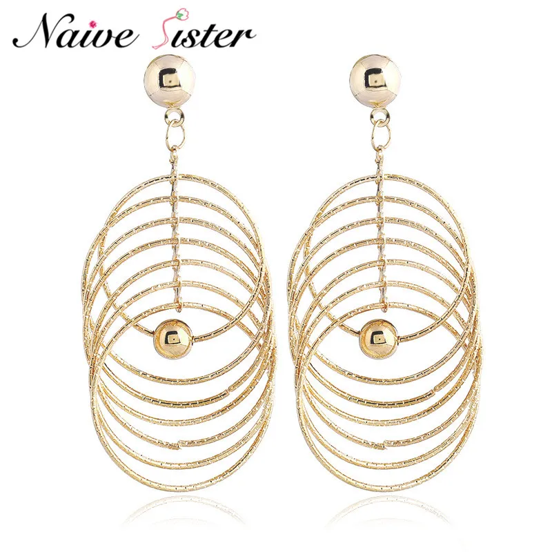 Серьги-подвески золотистого цвета большие круглые серьги из сплава в богемном