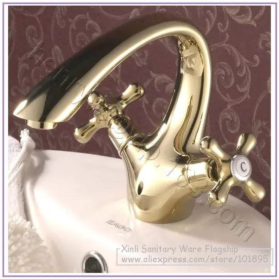 

Розница-роскошный латунный кран для раковины с двойной ручкой, смеситель для горячей и холодной воды, на бортике, бесплатная доставка L15016