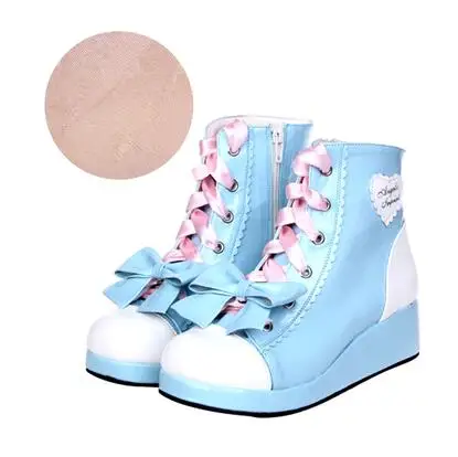 Fleeces inside blue Angelic imprint mori girl/Женская обувь на платформе; женские ботильоны в стиле Лолиты; женские туфли-лодочки на низком каблуке в стиле принцессы; Полусапоги на шнуровке; riband - Цвет: Fleeces inside blue