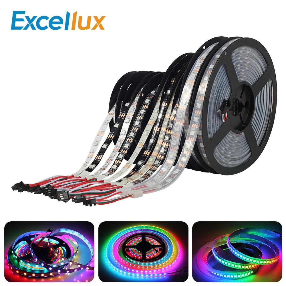 Пиксельная Светодиодная лента Excellux WS2812 WS2812B, 5 м, 5050 RGB, 30/60 светодиодов постоянного тока, 5 В, WS2812, цифровая светодиодная Пиксельная лента, водонепроницаемая белая/черная печатная плата