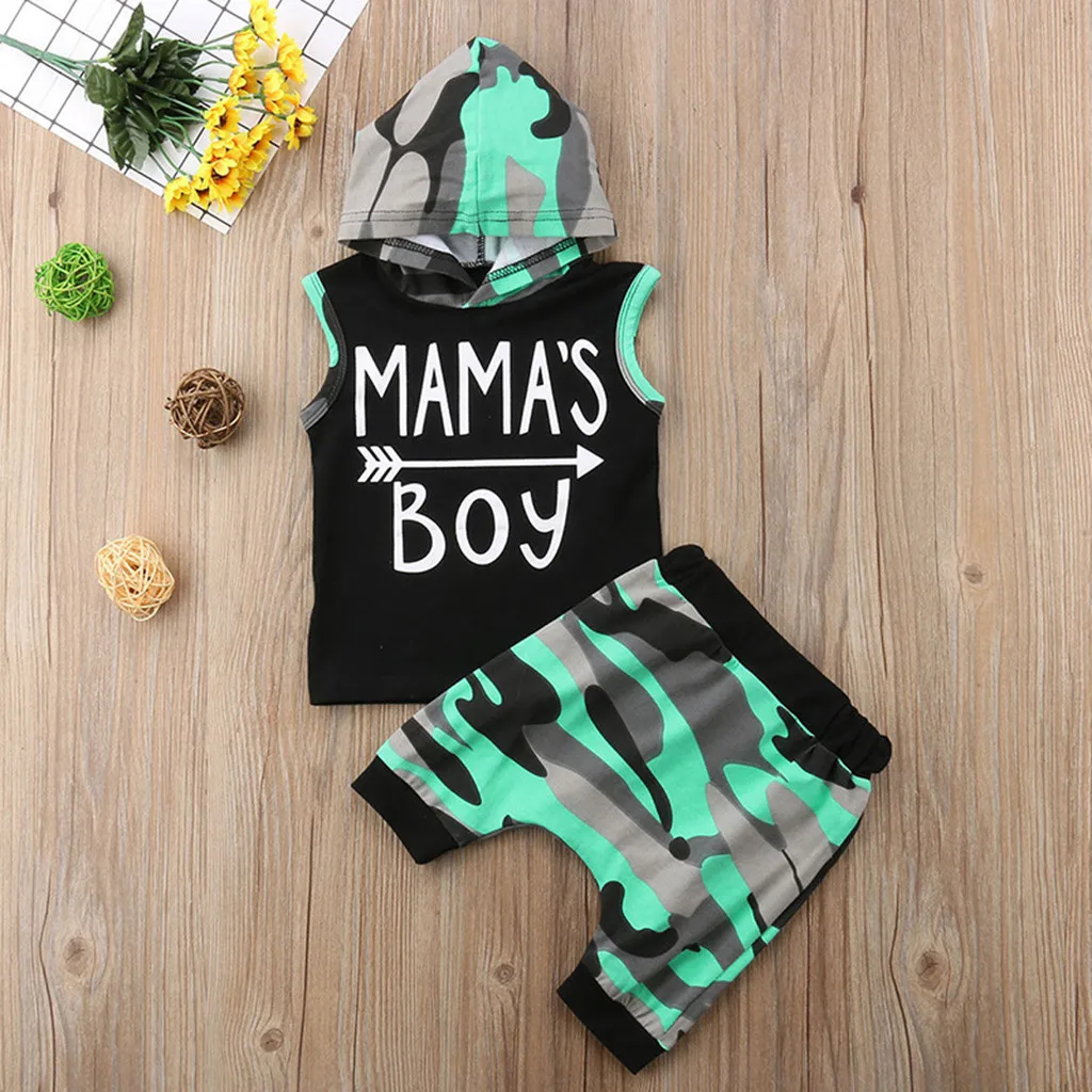 ISHOWTIENDA Baby Clothes Boy Letter Print Vest Hooded Tops+Camouflage Shorts Outfits Sets 4 Years |