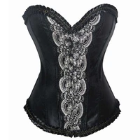 black satin steel boned corset overbust elegant embroidery waist trainer corsets and bustiers corselet gothic female corset