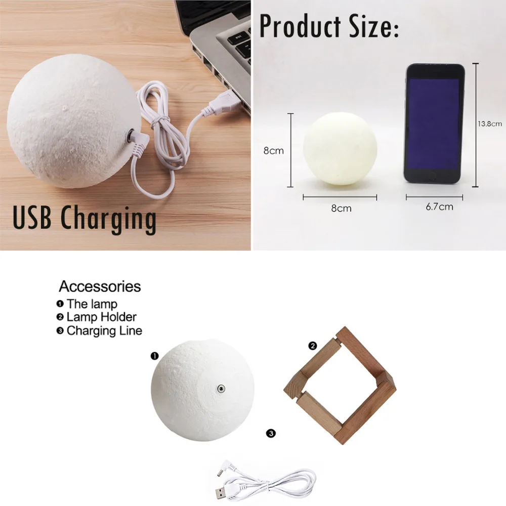 Jiaderui удаленного 3D Луна настольная лампа USB перезарядки Цвет изменить сенсорный
