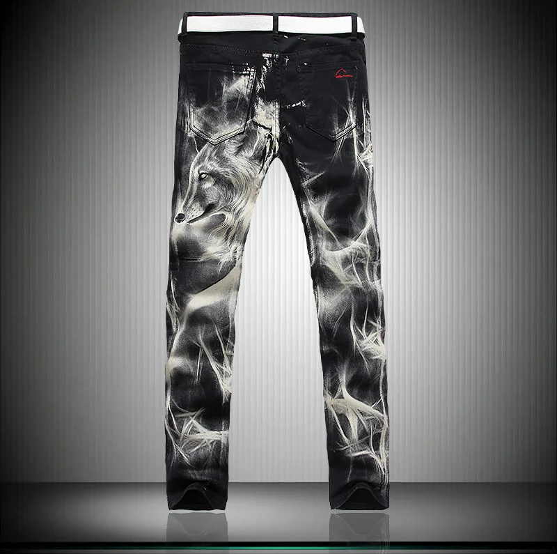 Джинсы мужские облегающие в стиле хип хоп с 3d рисунком волка|brand men jeans|men brand jeansmen