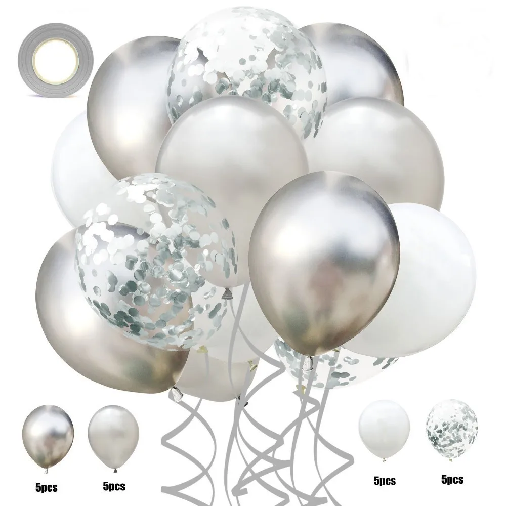 21pcs silver ribbon 21 шт. шары из латекса цвета металлик с лентой конфетти мяч Свадебная вечеринка декоративные гелиевые шарики фестиваль балон вечерние принадлежности - Цвет: 21pcs silver ribbon