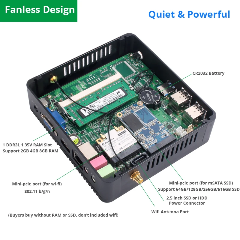 Мини-ПК Intel Pentium 4405U Windows 10 HDMI VGA 6xusb WiFi безвентиляторный микро Настольный ПК HTPC