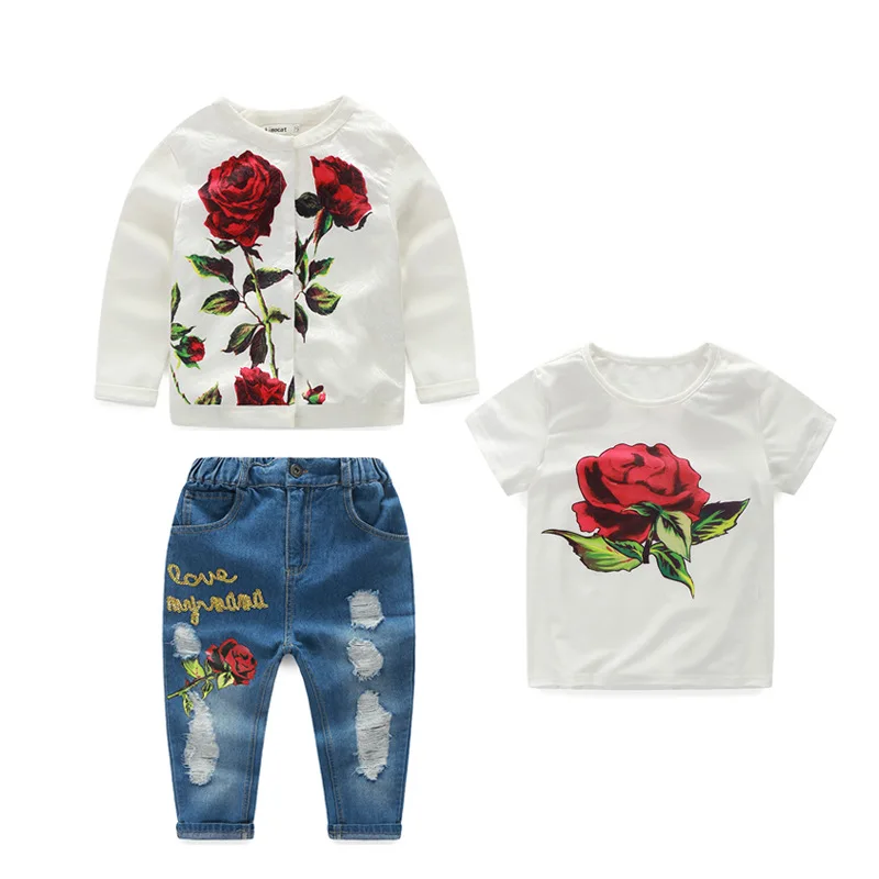 Girls Clothing Sets 2018 Spring Autumn Kids Clothes For Baby 3 Pieces Floral Casual Suit Ripped Jeans | Детская одежда и обувь