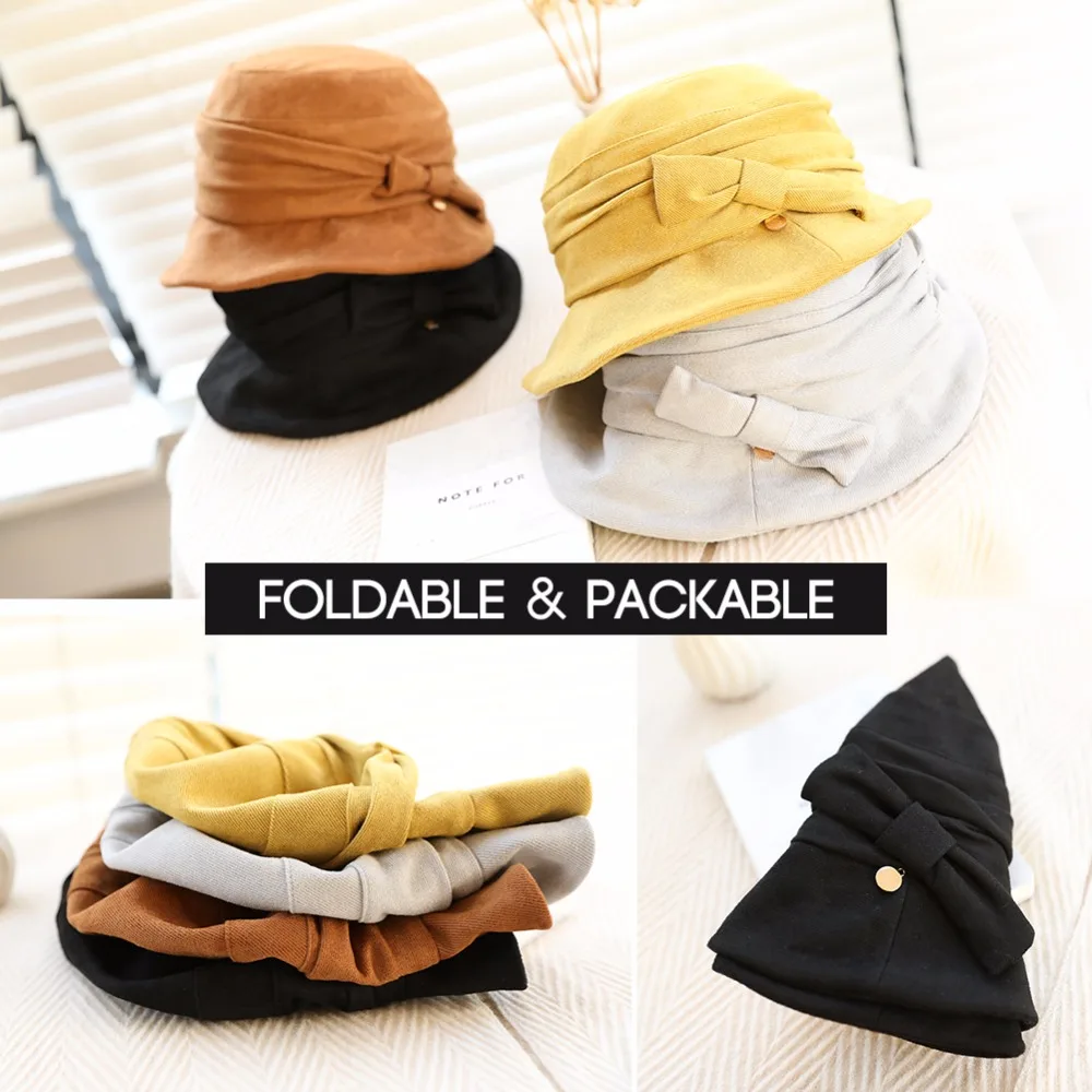 FANCET Women Cloche Bucket Hats 1920s Vintage Church Derby Packable Foldable Winter Wired Brim Adjustable Bowknot Hats 99088