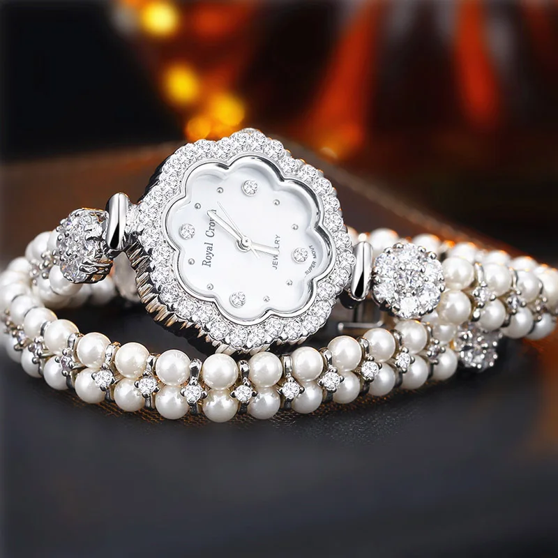 Роскошные женские часы с жемчужинами и кристаллами модные платье Подарочная