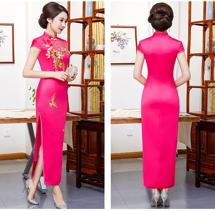 Женское длинное платье Ципао синее облегающее с воротником стойкой в китайском