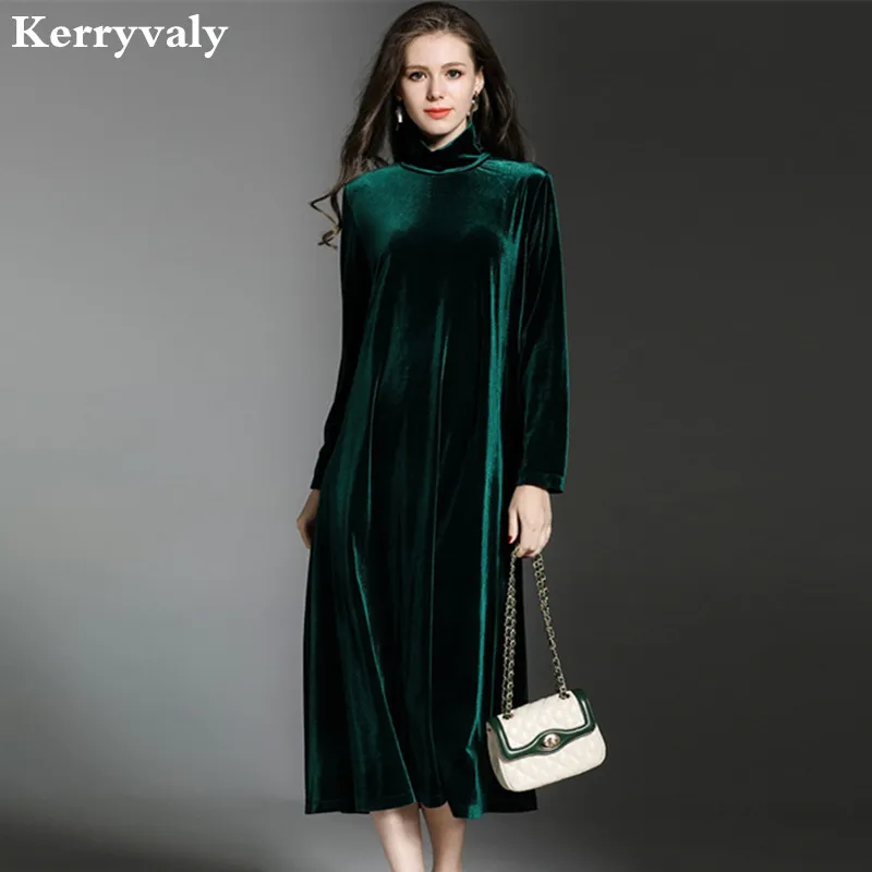 Женское свободное зимнее бархатное платье с высоким воротом, Vetement Femme, vestido de festa, зеленое винтажное платье с длинным рукавом K323270