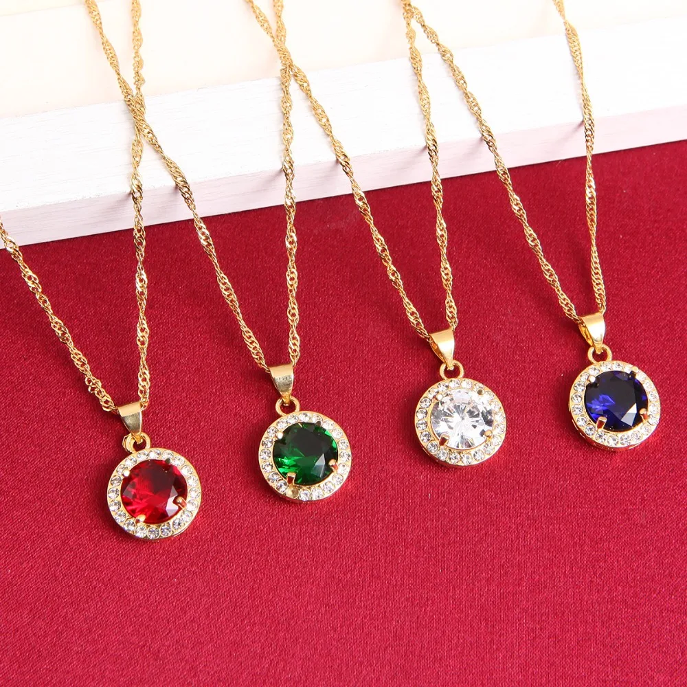 

New Fashion Charms Red Blue Green Crystal Zircon 24K Gold Pendant Jewelry