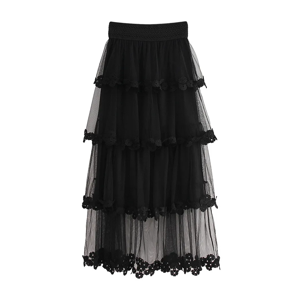 Women's Skirt Skirts faldas jupe femme shein saia harajuku High Waist Ruffle Mesh Tutu Sheer Net Tulle Pleated Maxi #50 | Женская