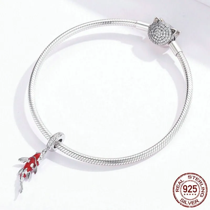 Браслет Pandora,, 925 пробы, серебряный, красный, карп, амулеты, S925, Китай, на удачу, эмаль, маленькие рыбки, бусины для изготовления ювелирных изделий