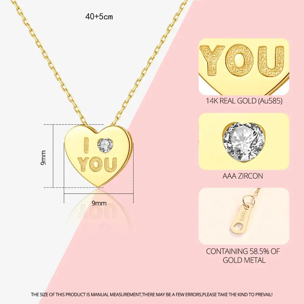 Gem& Time 14k Золотое короткое ожерелье с подвеской в виде сердца с надписью «Love You» Для женщин CZ циркониевое Очаровательное ожерелье ювелирные изделия из желтого золота N14132