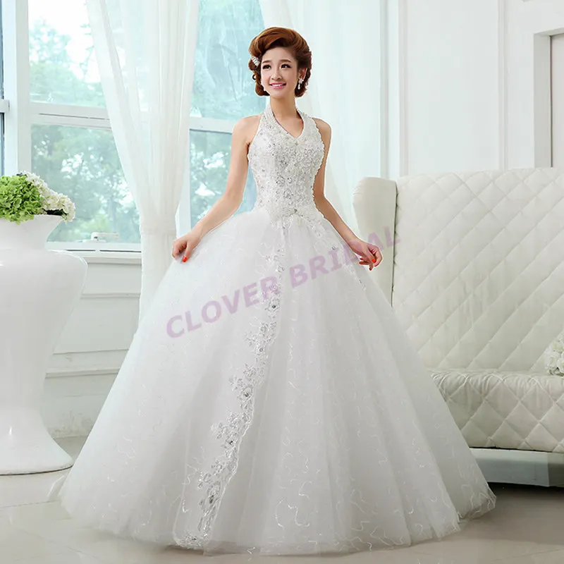 2016 New Luxury Sexy Lace Halter Pearl Tiered Bow Beaded Crystal Sequine Tassel Ball Gown Princess Wedding Dresses For Bridal | Свадьбы и