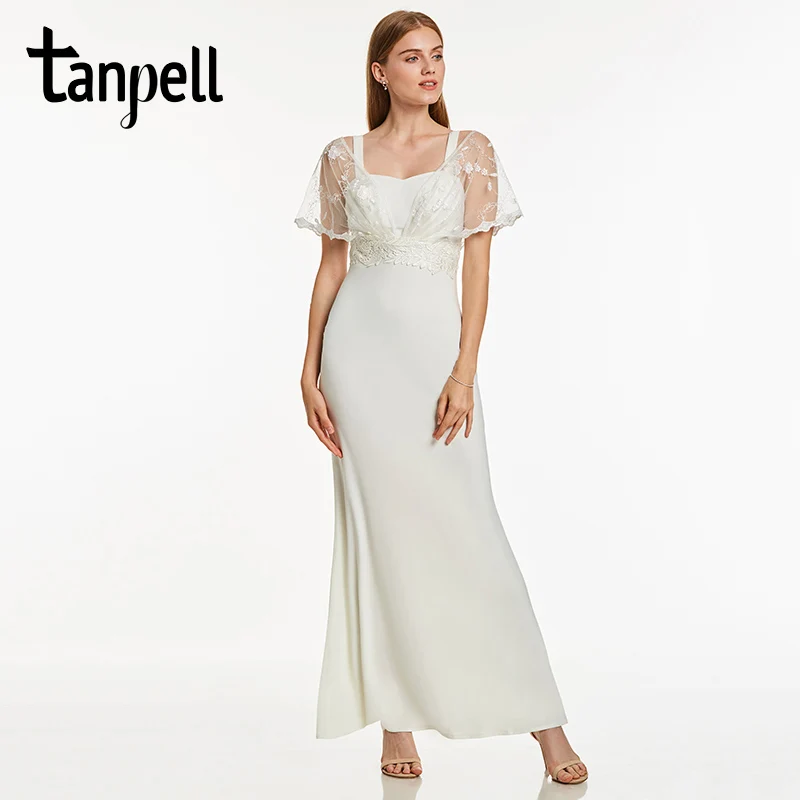 

Tanpell lace long evening dress v neck black appliques short sleeves floor length dress cheap white wedding prom evening dress