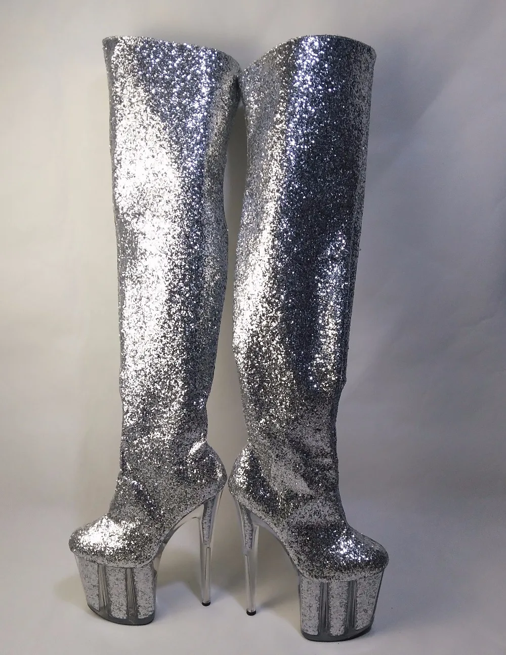 Блестящие Серебристые сапоги на очень высоком каблуке 20 см модная обувь из