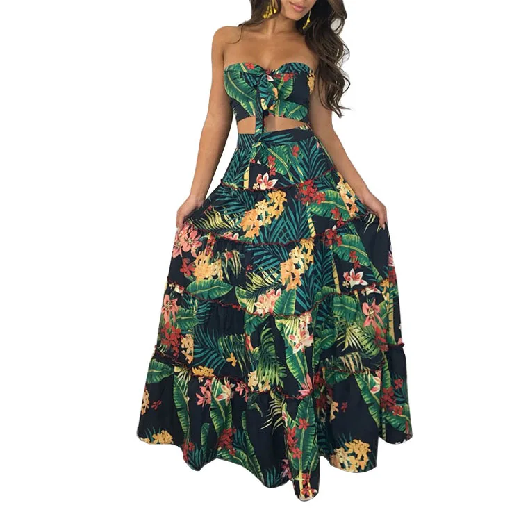 

Green boho frill printed crop top and long skirts beach outfit two piece set matching sets tenue africaine femme Women clothes