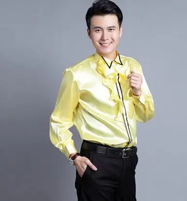 Мужская рубашка с длинным рукавом белая воланом и воротником-стойкой одежда для