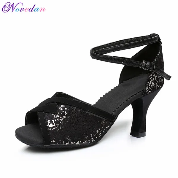 Black Silver 7cm Блестящие танцевальные туфли для сальсы, латинские женские туфли для танго, женские туфли для латинских танцев, черные туфли для бальных танцев 5 см/7 см - Цвет: Black Silver 7cm