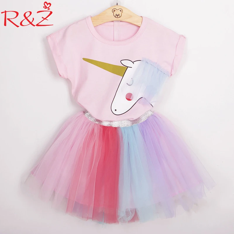 

Комплект из 2 предметов для девочек 2-6 лет, футболка с единорогом и разноцветное платье с вуалью, Летний стиль, k1, 2019