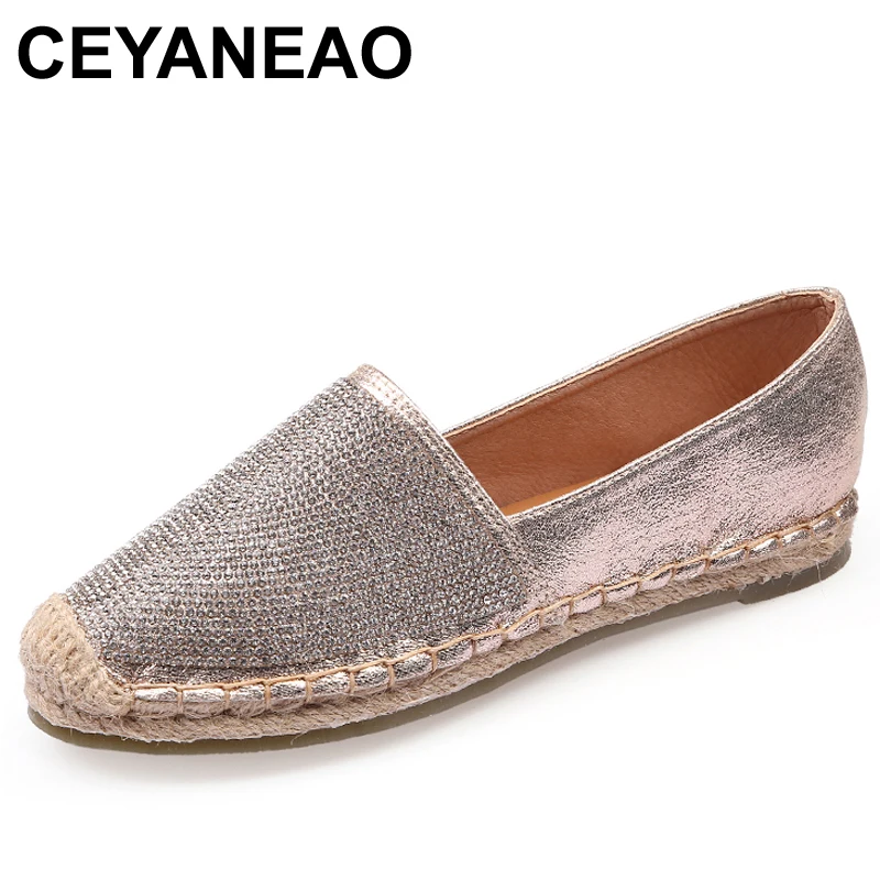 Женские туфли Эспадрильи CEYANEAO весенние блестящие лоферы из пеньковой соломы