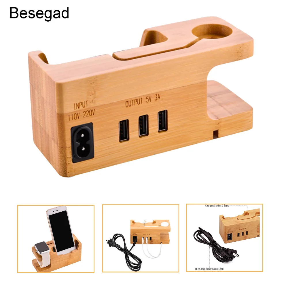 Док станция Besegad с 3 портами по дереву и USB зарядная док держатель для Apple Watch iWatch