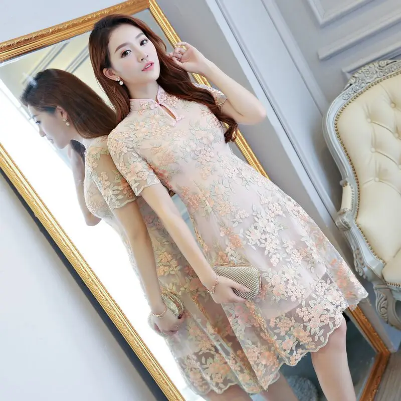 Короткое стильное модное женское платье Cheongsam, Размеры s m ini, Новое поступление, китайское кружевное платье Qipao, Размеры s m l xl XXL 27546A