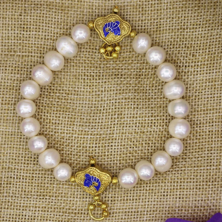 Natural white pearl beads 9-10mm nearround strand bracelet for women fashion gold-color cloisonne spacers jewelry 7.5inch B3099 | Украшения