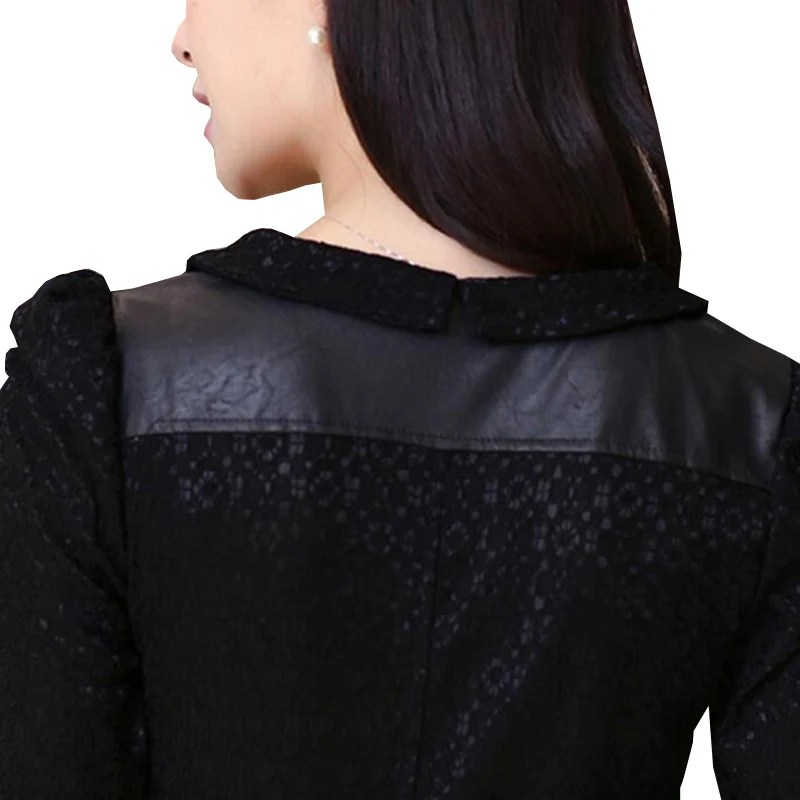 Женское платье с длинным рукавом кружевное в стиле пэчворк из искусственной кожи